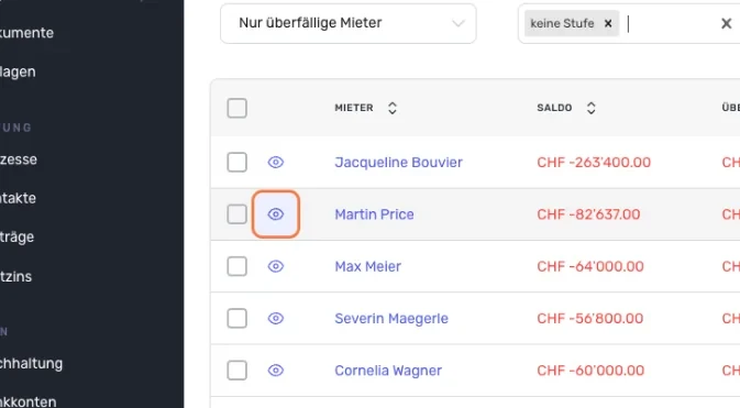 Liste der Mieter im Mahnwesen, Augen-Symbol zum Anzeigen des Kontoauszugs markiert