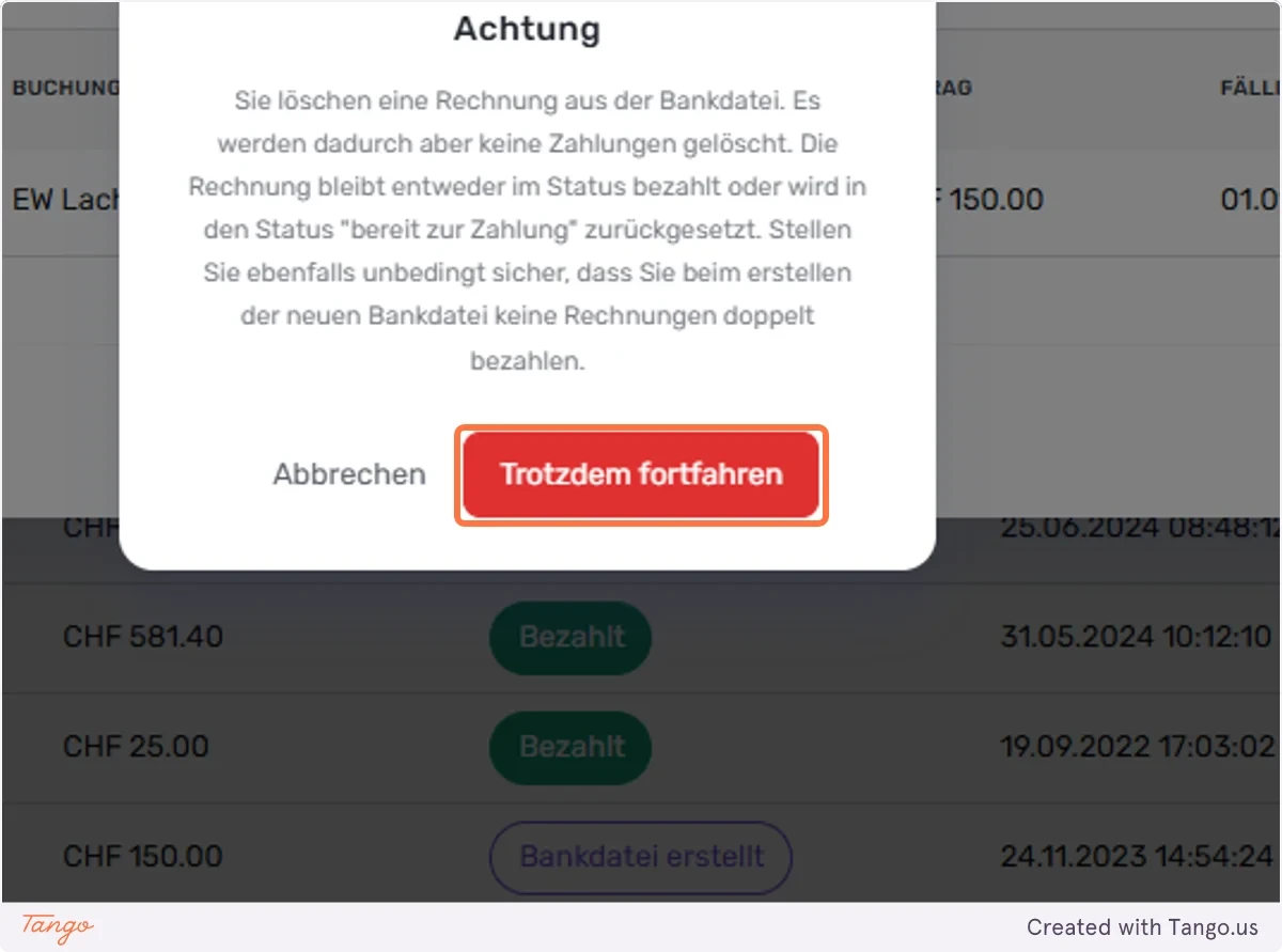 Meldung lesen und ’‘Trotzdem fortfahren’’