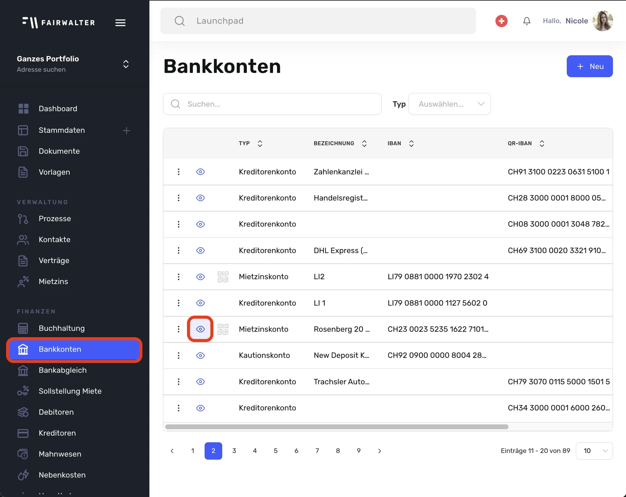 Menüpunkt «Bankkonten» und Augen-Symbol zur Detailansicht eines Liegenschaftskontos, beide markiert