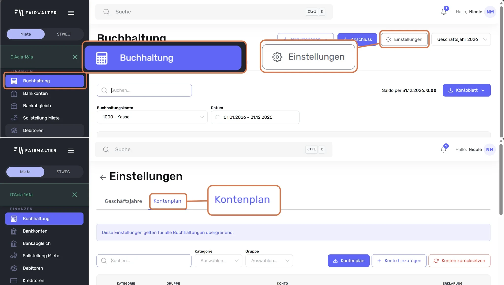 Weg zum Kontenplan: «Buchhaltung», dann «Einstellungen», dann Reiter «Kontenplan», jeweils markiert