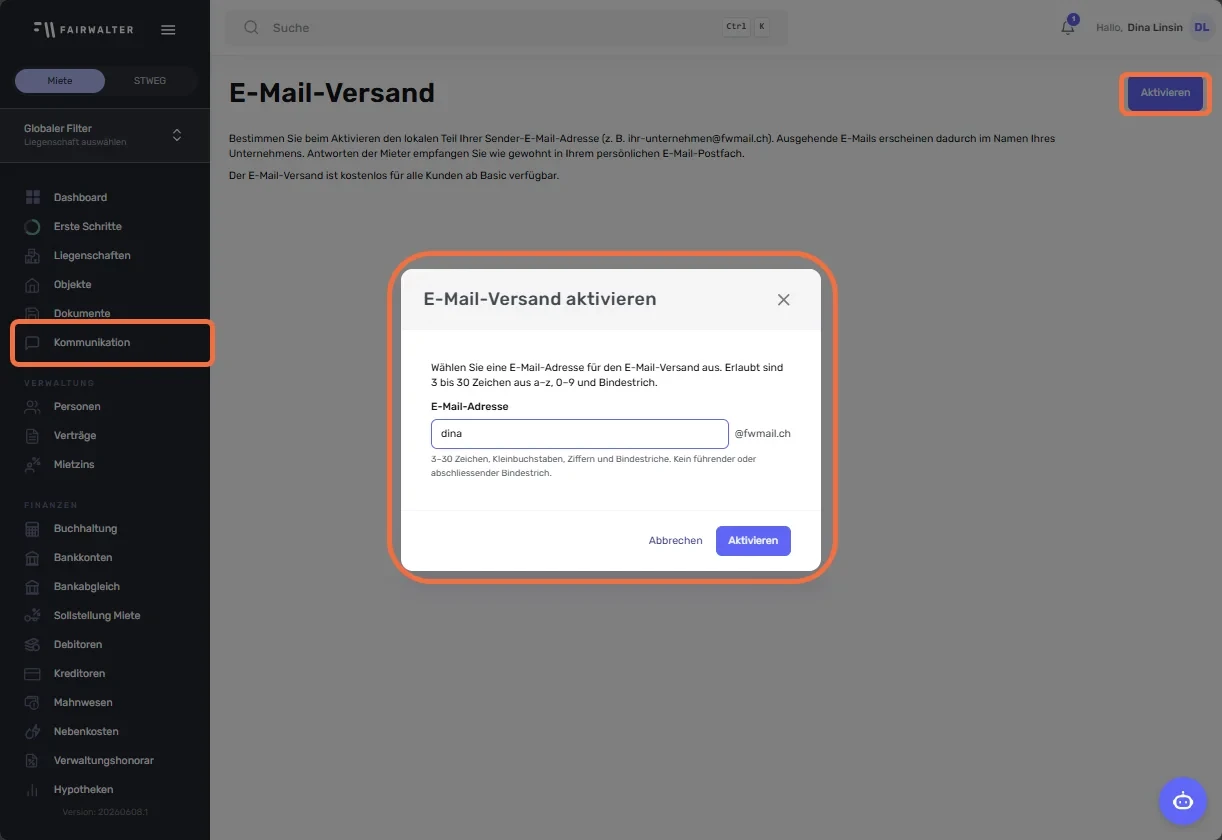 Menüpunkt «Kommunikation», Button «Aktivieren» und Pop-up «E-Mail-Versand aktivieren» mit @fwmail.ch-Adresse markiert