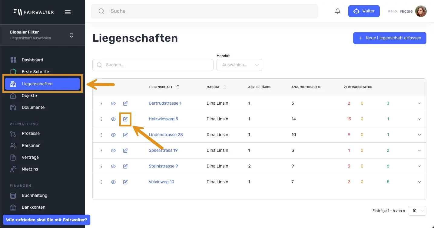 Menüpunkt «Liegenschaften» und Bearbeiten-Symbol einer Liegenschaft in der Liste hervorgehoben