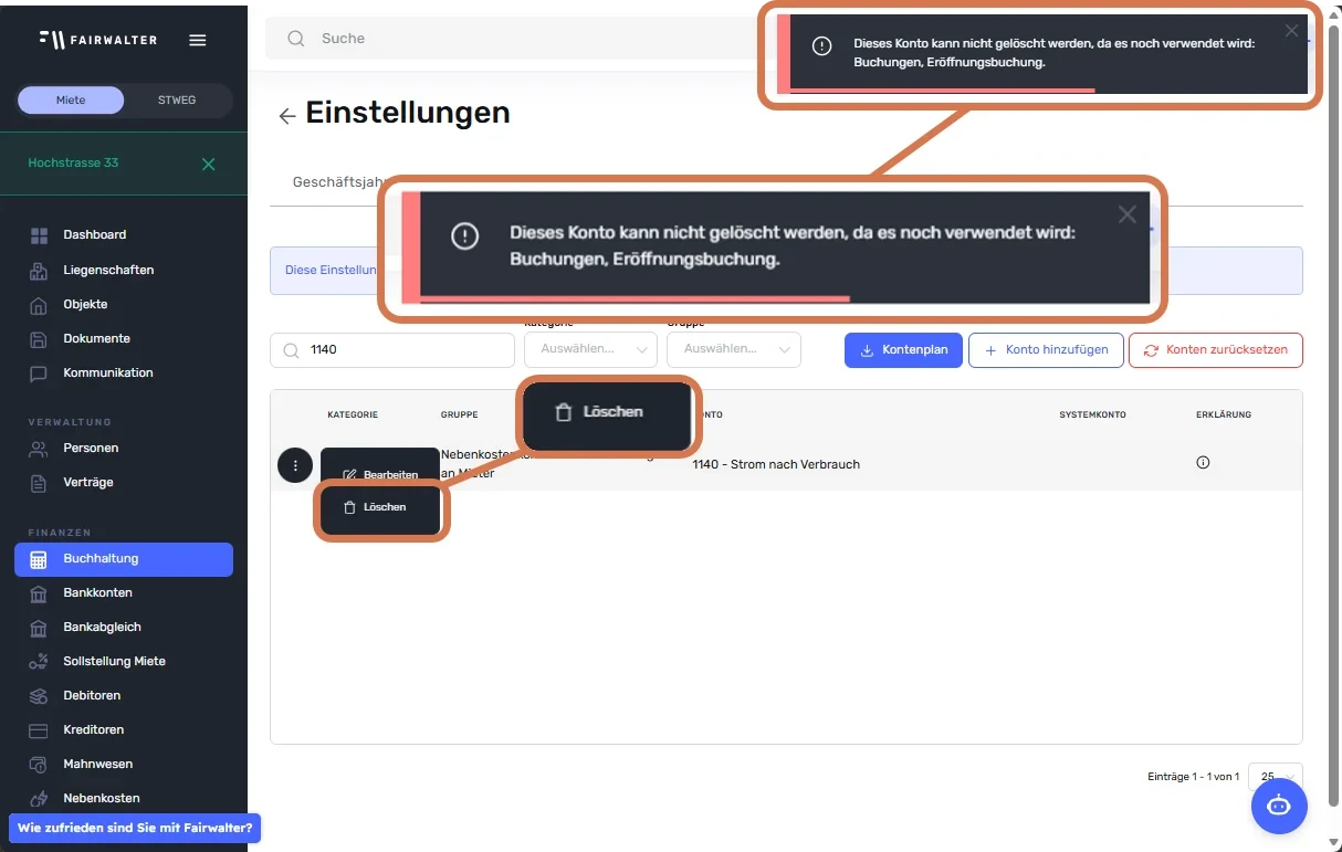 Menüpunkt «Löschen» bei einem Konto und Fehlermeldung, dass das verwendete Konto nicht gelöscht werden kann