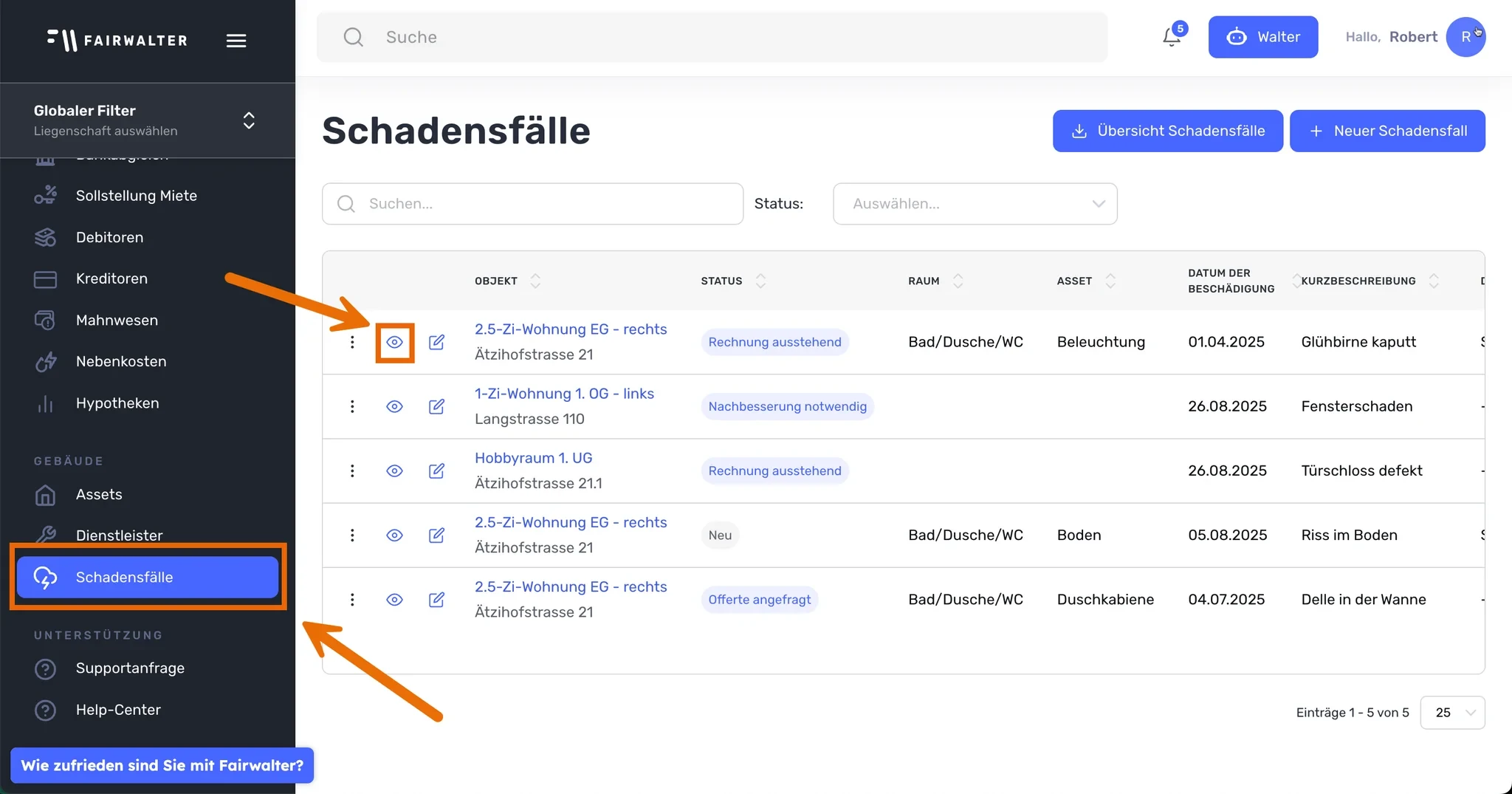 Menüpunkt «Schadensfälle» und Augen-Symbol zum Öffnen eines Schadensfalls markiert