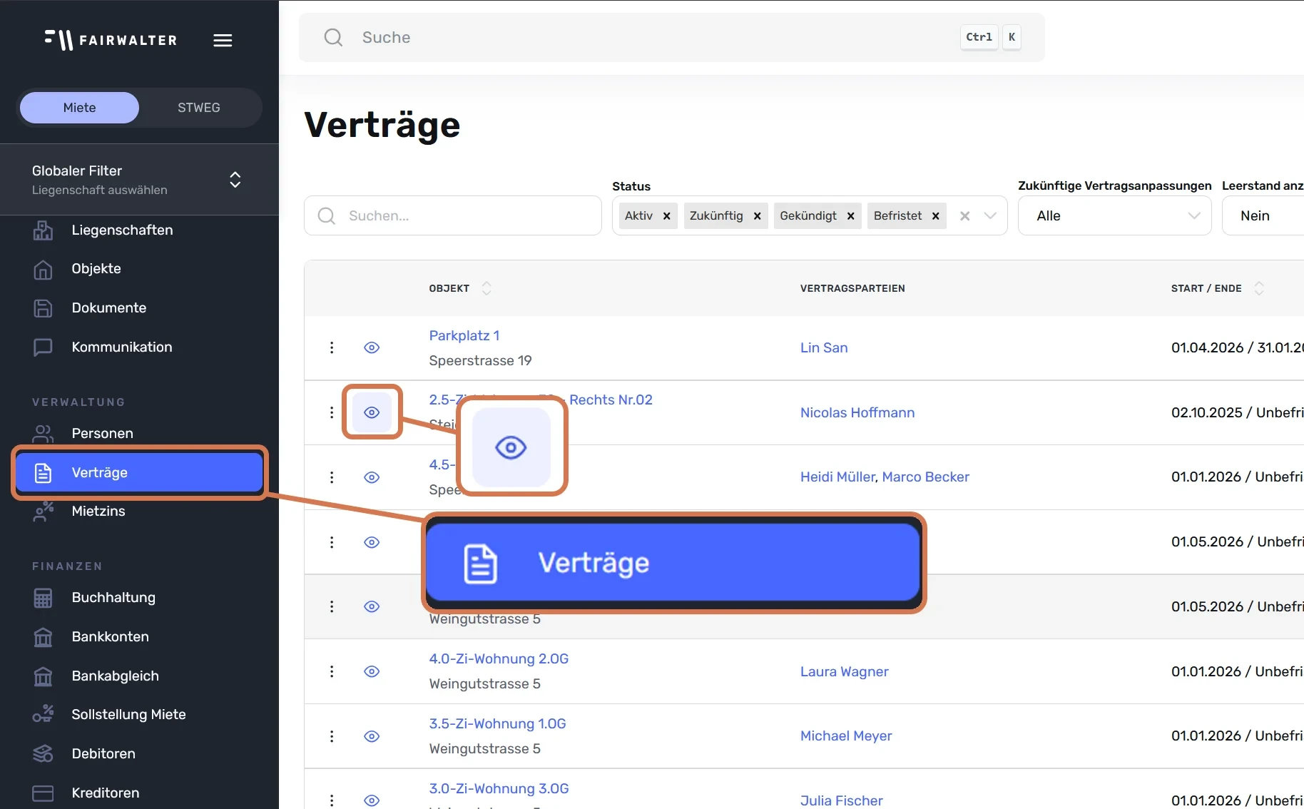 Menüpunkt «Verträge» und Augen-Symbol in der Vertragsliste markiert