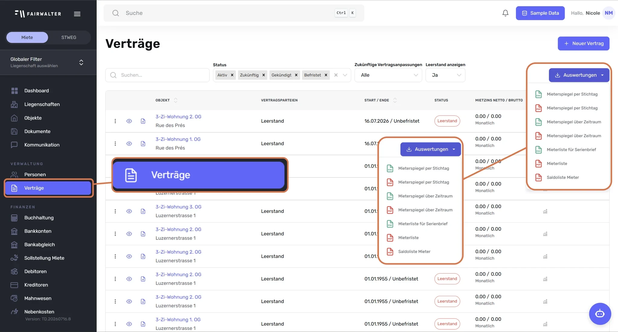 Menüpunkt «Verträge» und geöffnetes Menü «Auswertungen» mit den Mieterspiegel-Exporten hervorgehoben