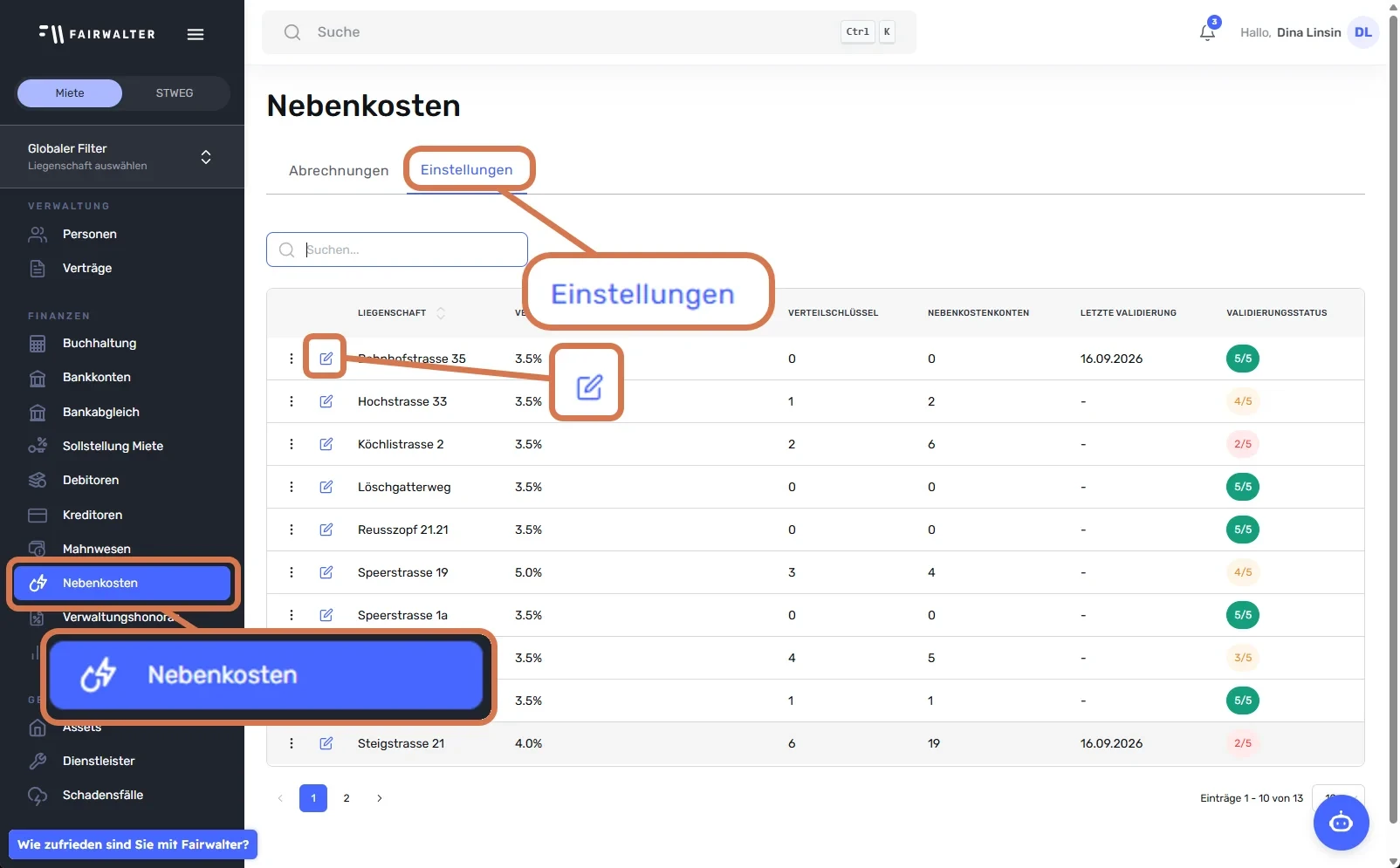 «Nebenkosten» im Menü, Reiter «Einstellungen» und Bearbeiten-Symbol einer Liegenschaft markiert