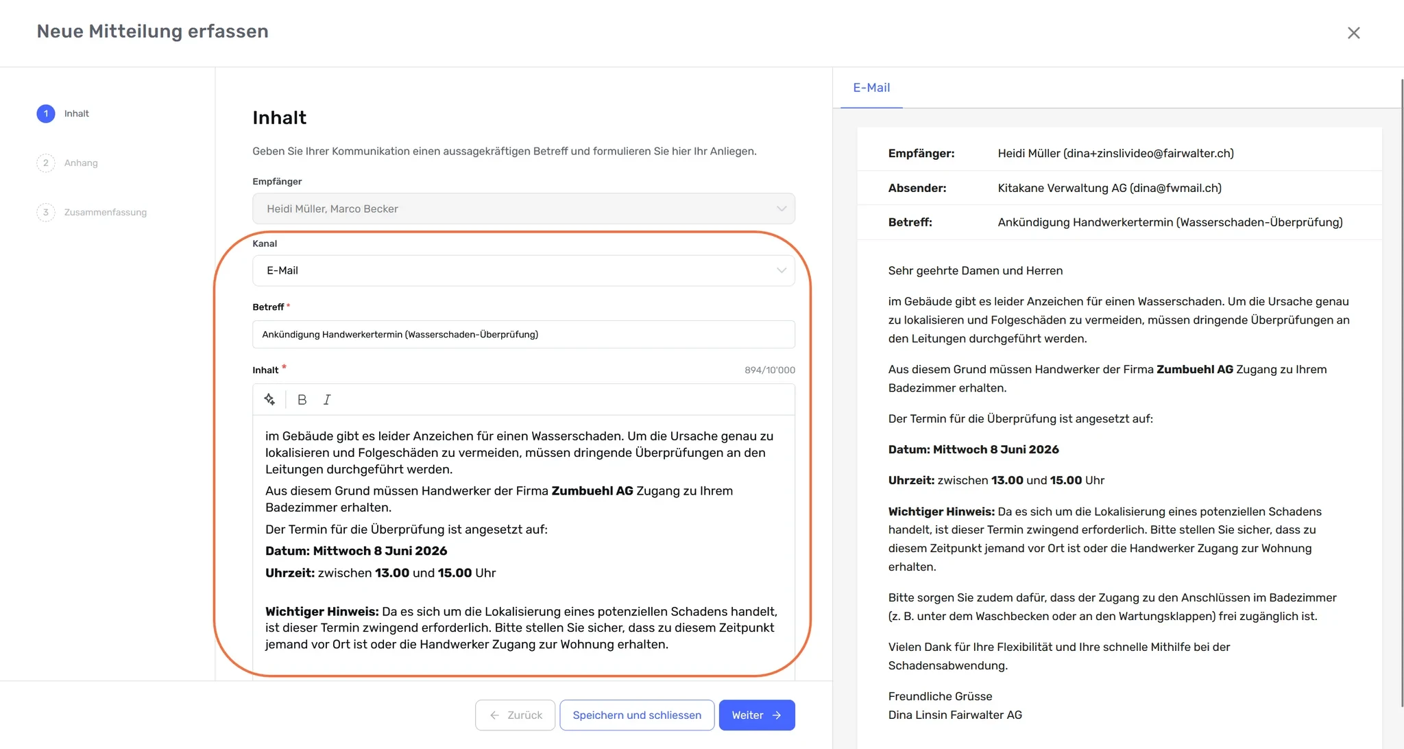 Neue Mitteilung mit vorausgefülltem Empfänger: Felder «Kanal», «Betreff» und «Inhalt» markiert, rechts die Vorschau
