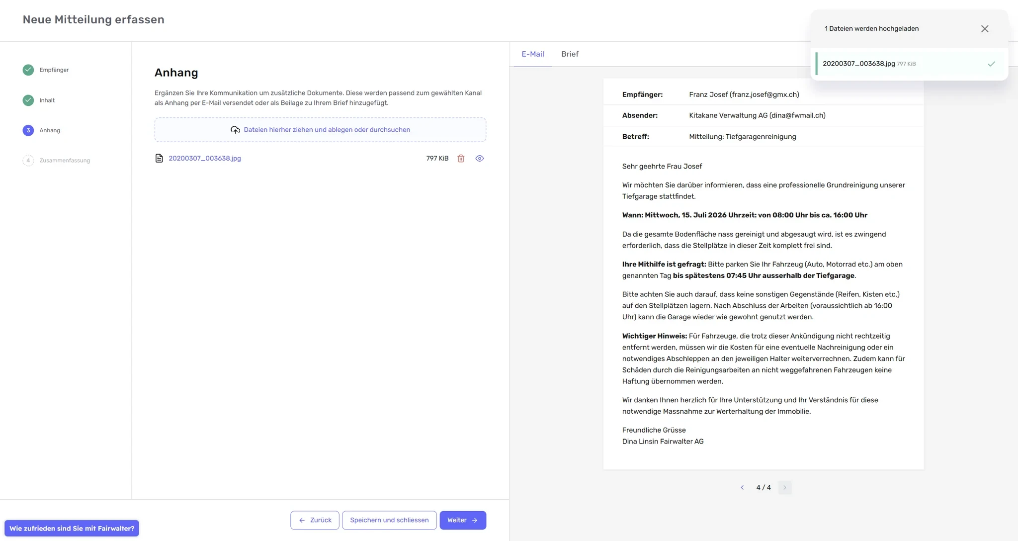 Neue Mitteilung, Schritt «Anhang» mit Upload-Bereich und hochgeladener Datei, rechts die E-Mail-Vorschau