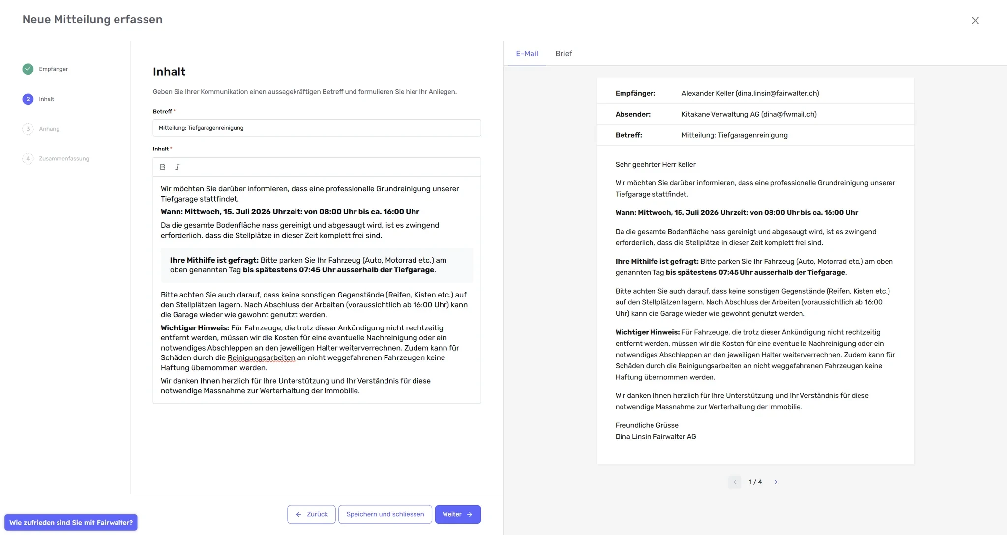 Neue Mitteilung, Schritt «Inhalt» mit Betreff und Text, rechts die Vorschau im Reiter «E-Mail»