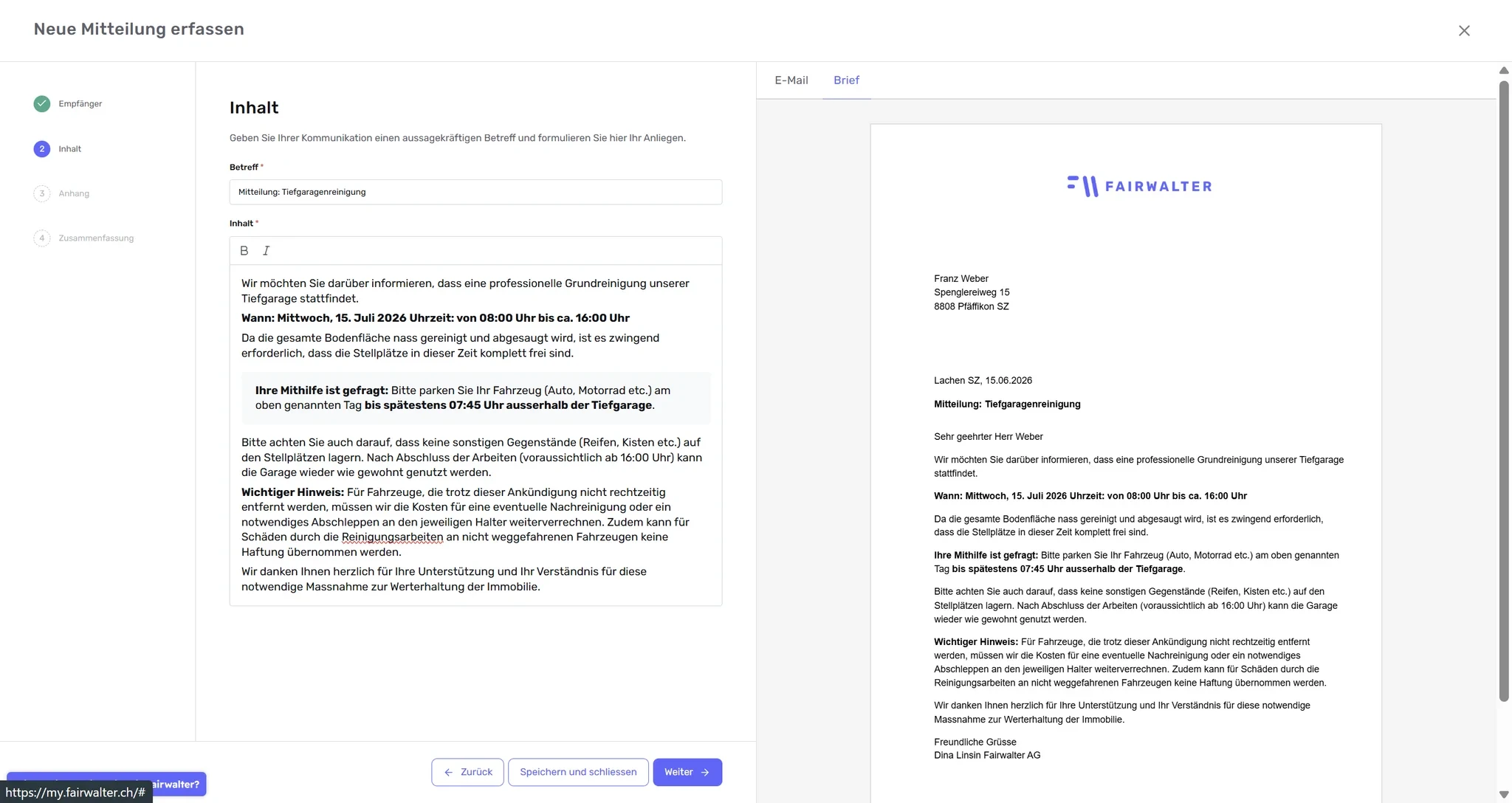 Neue Mitteilung, Schritt «Inhalt» mit Betreff und Text, rechts die Vorschau im Reiter «Brief»