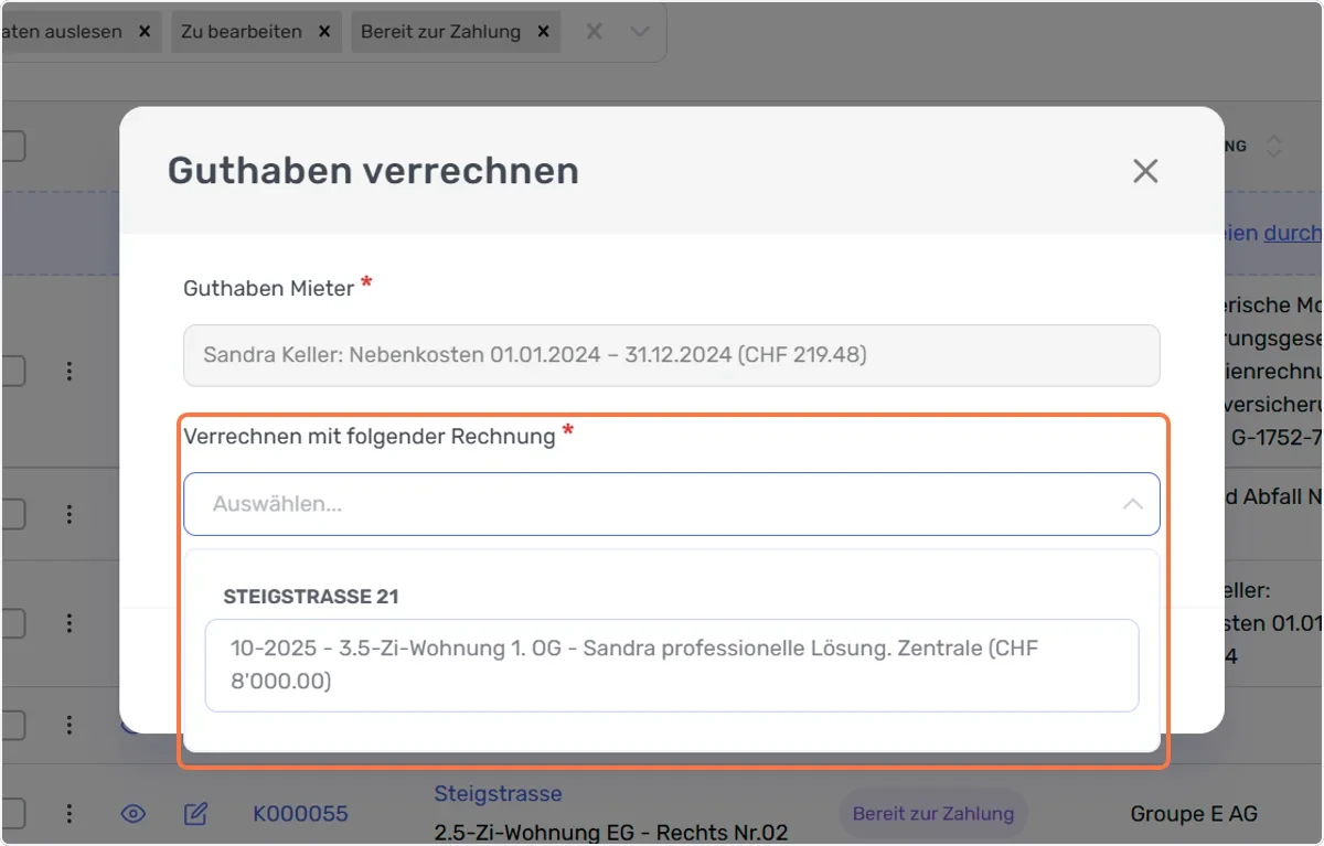 Offene Debitorenrechnung auswählen