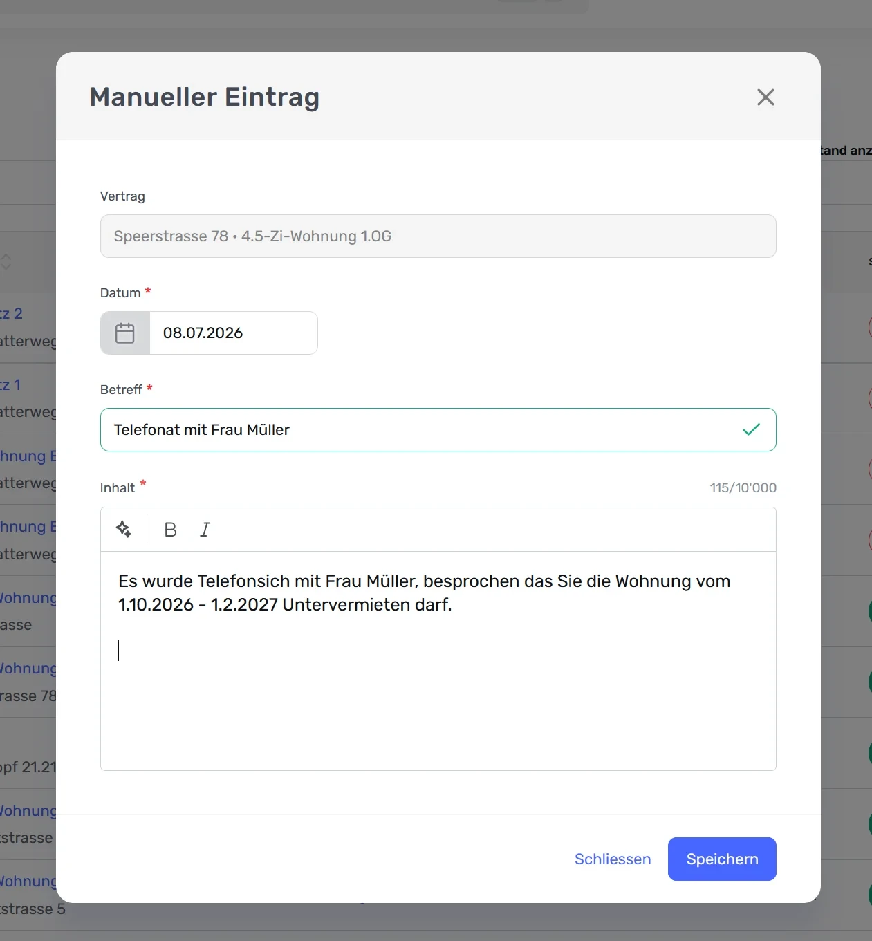 Pop-up «Manueller Eintrag» mit Feldern «Datum», «Betreff» und «Inhalt» sowie Button «Speichern»
