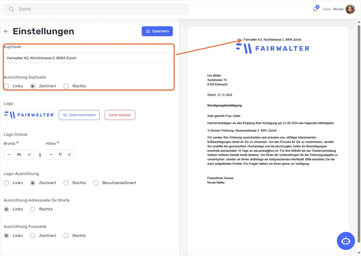 Positionierung der Kopfzeile