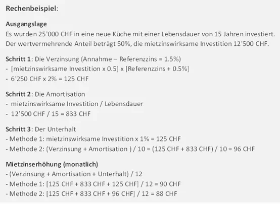 Rechenbeispiel zur Mietzinserhöhung nach wertvermehrender Investition: Verzinsung, Amortisation, Unterhalt