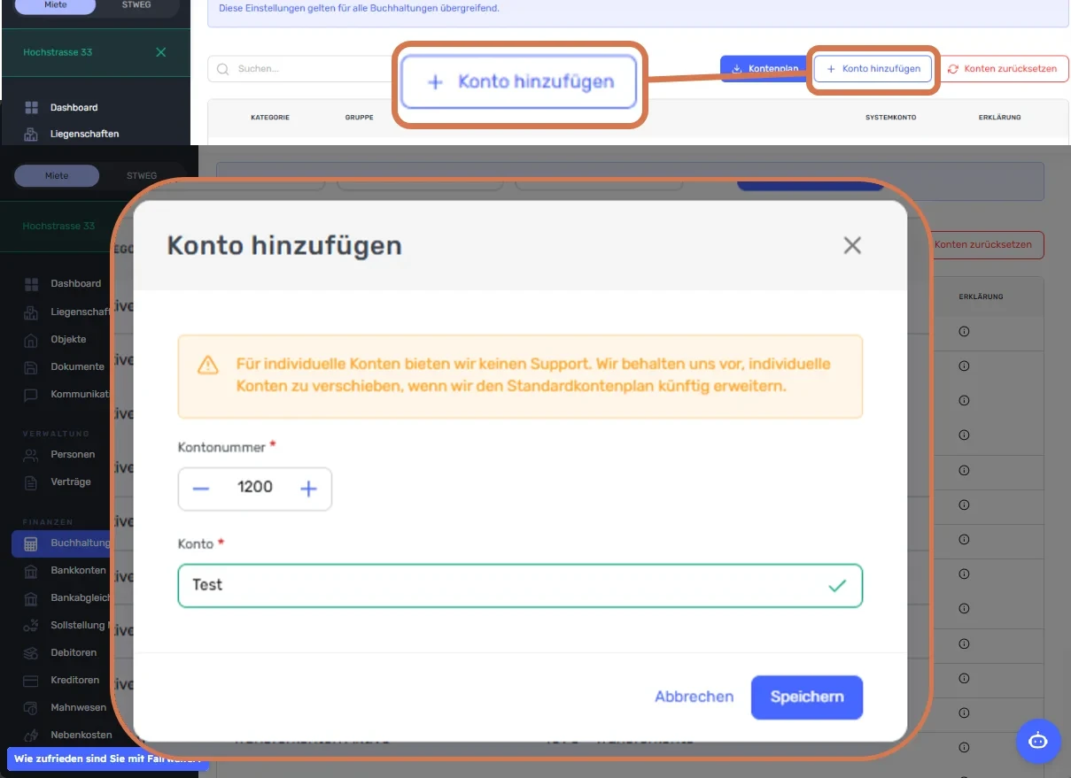 Schaltfläche «Konto hinzufügen» markiert und Dialog mit Kontonummer und Kontobezeichnung