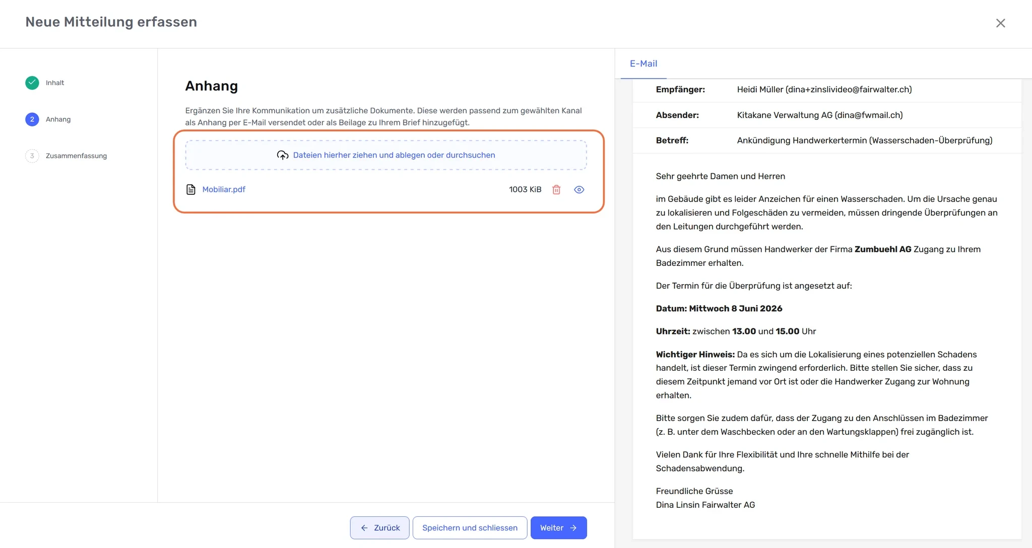 Schritt «Anhang» mit markiertem Upload-Bereich und hochgeladener PDF-Datei