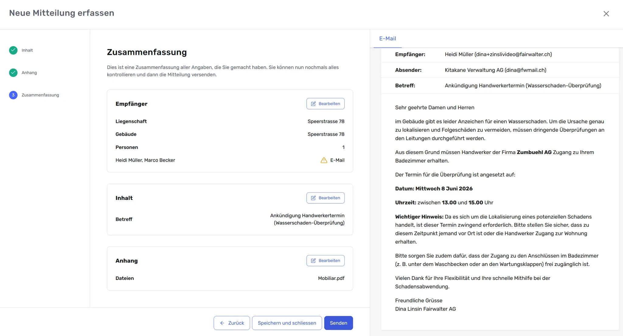 Schritt «Zusammenfassung» mit Empfänger, Betreff und Anhang, unten der Button «Senden»