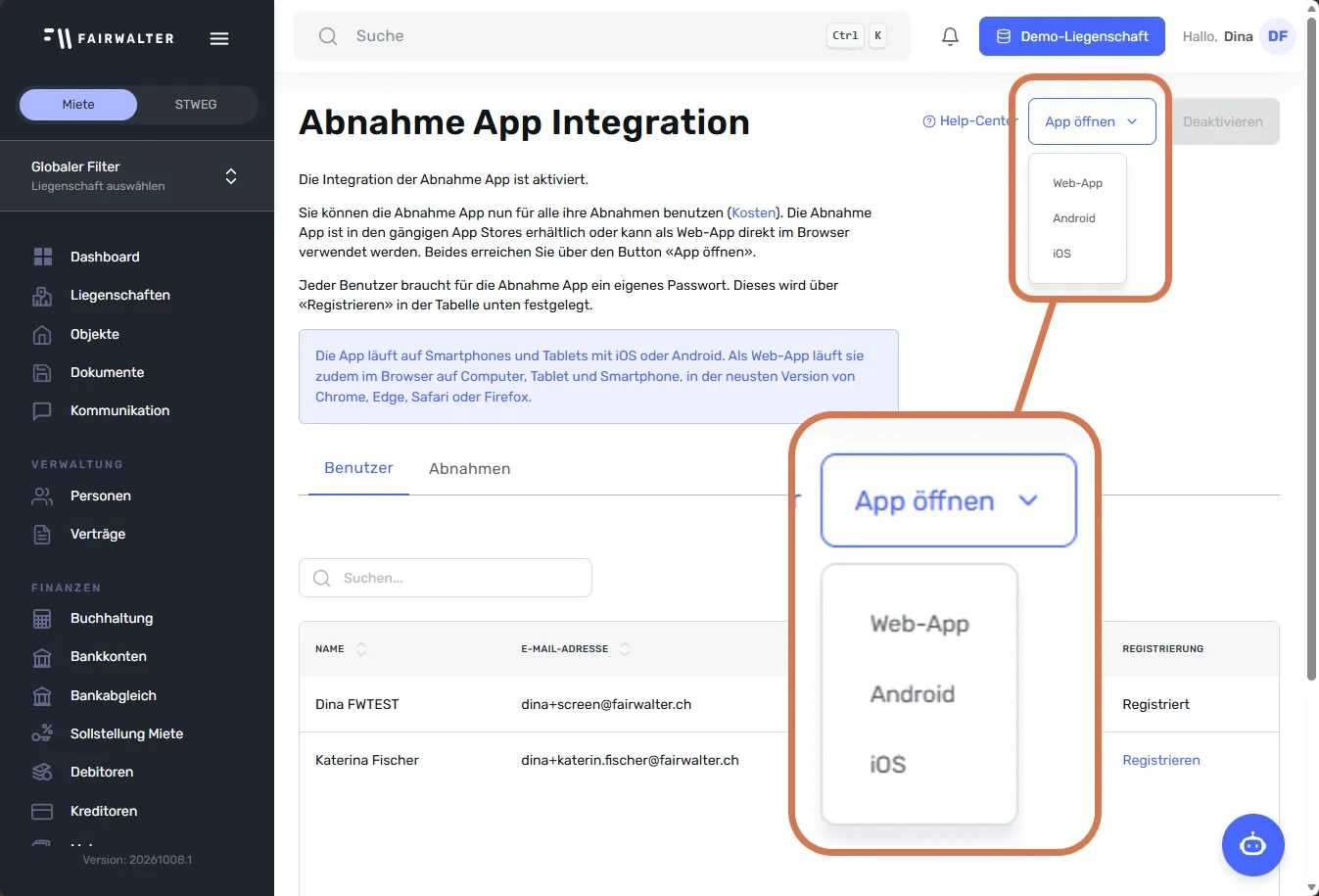 Seite «Abnahme App Integration», Button «App öffnen» mit Auswahl Web-App, Android und iOS markiert