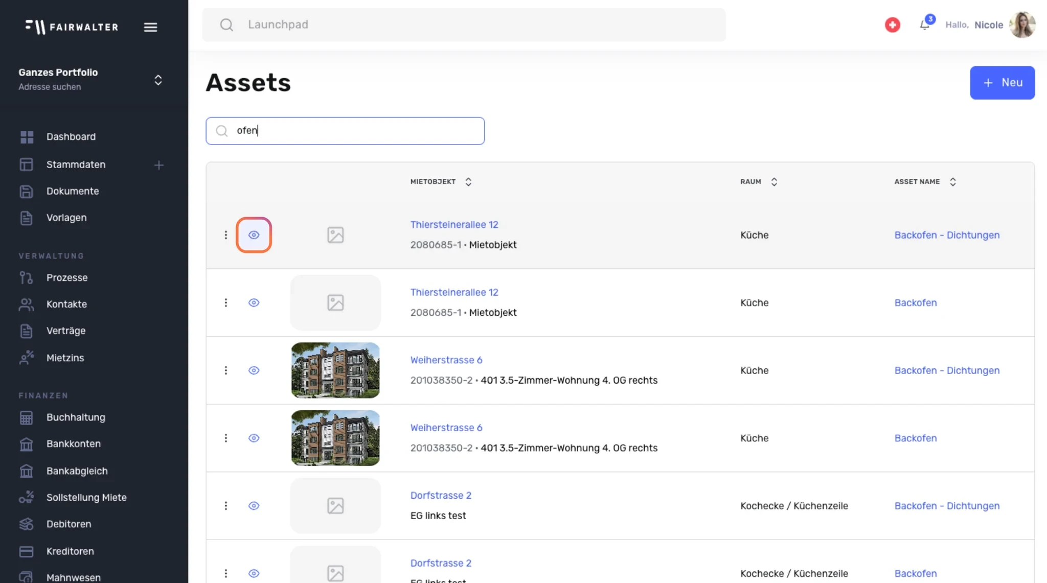 Seite «Assets» mit Suchresultaten und markiertem Augen-Symbol zum Anzeigen eines Assets