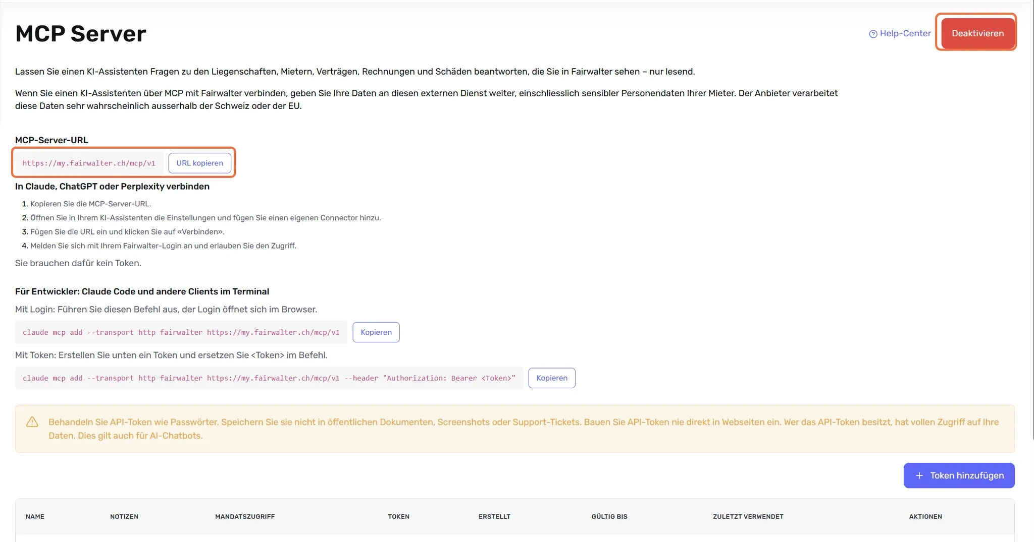 Seite «MCP Server» in Fairwalter mit markierter MCP-Server-URL, «URL kopieren» und «Deaktivieren»