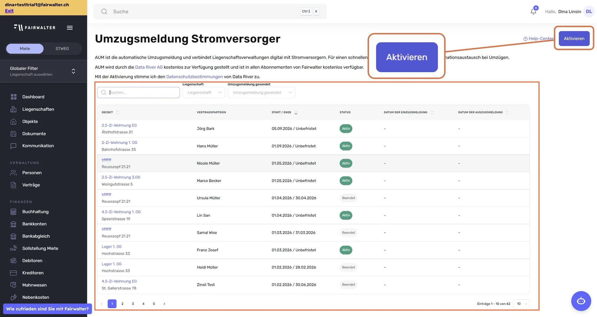 Seite «Umzugsmeldung Stromversorger» mit markiertem Button «Aktivieren» und Liste der Verträge