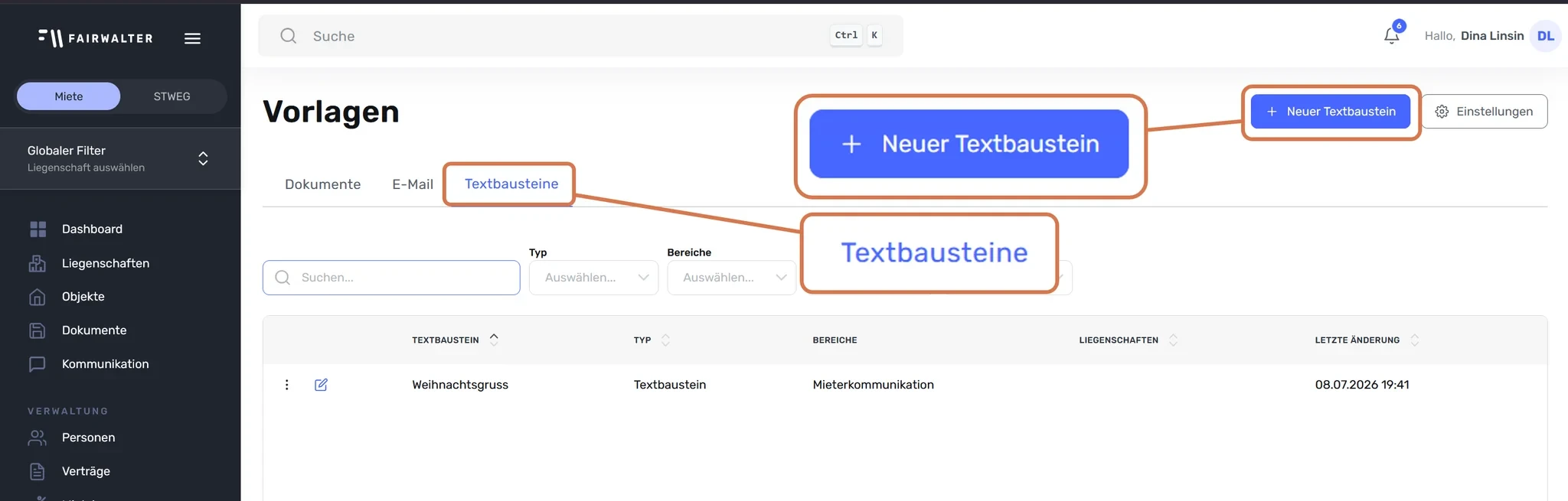 Seite «Vorlagen» mit hervorgehobenem Reiter «Textbausteine» und Button «Neuer Textbaustein»