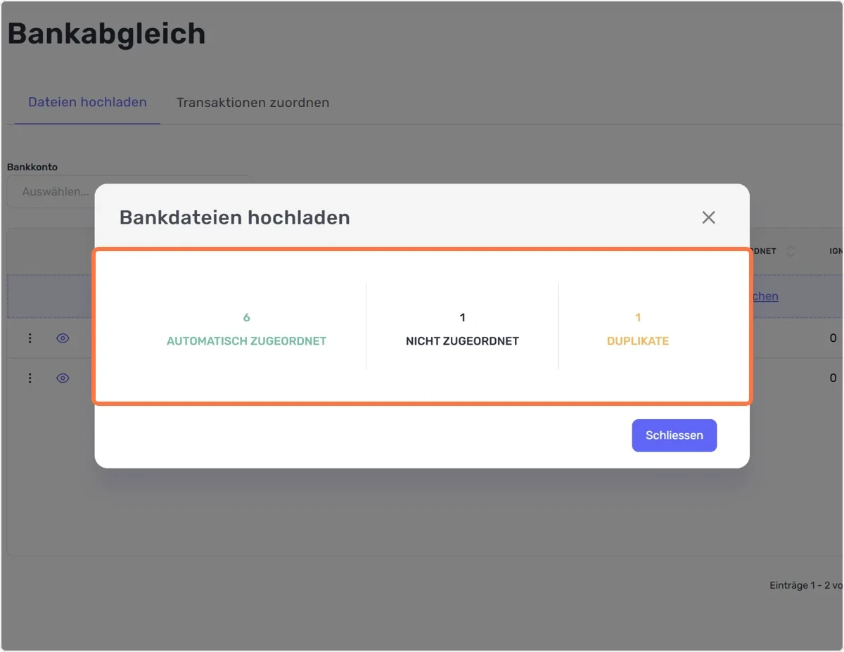 Sobald Sie die Dateien hochladen, erscheint eine Auflistung der Transaktionen.