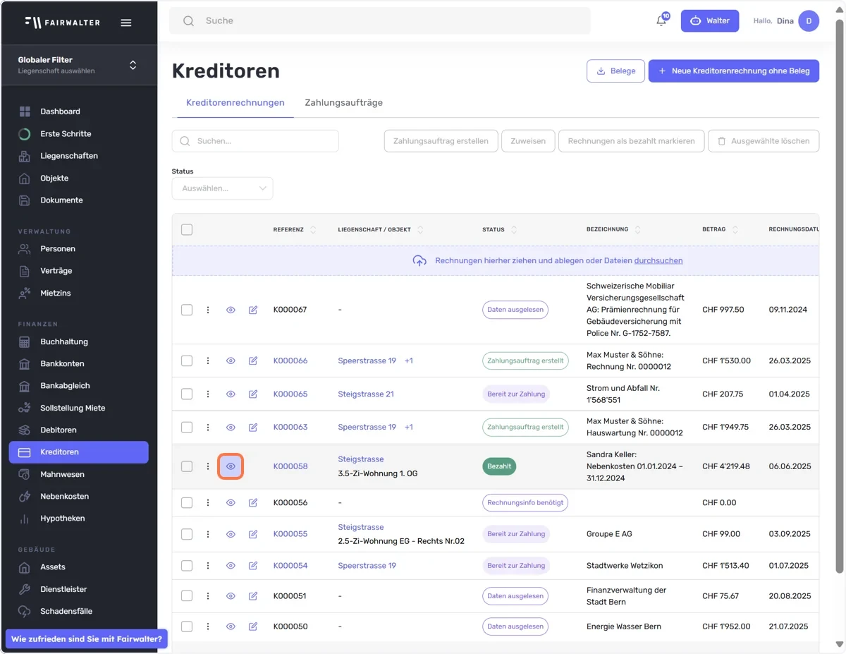 Speichern – Status Kreditor