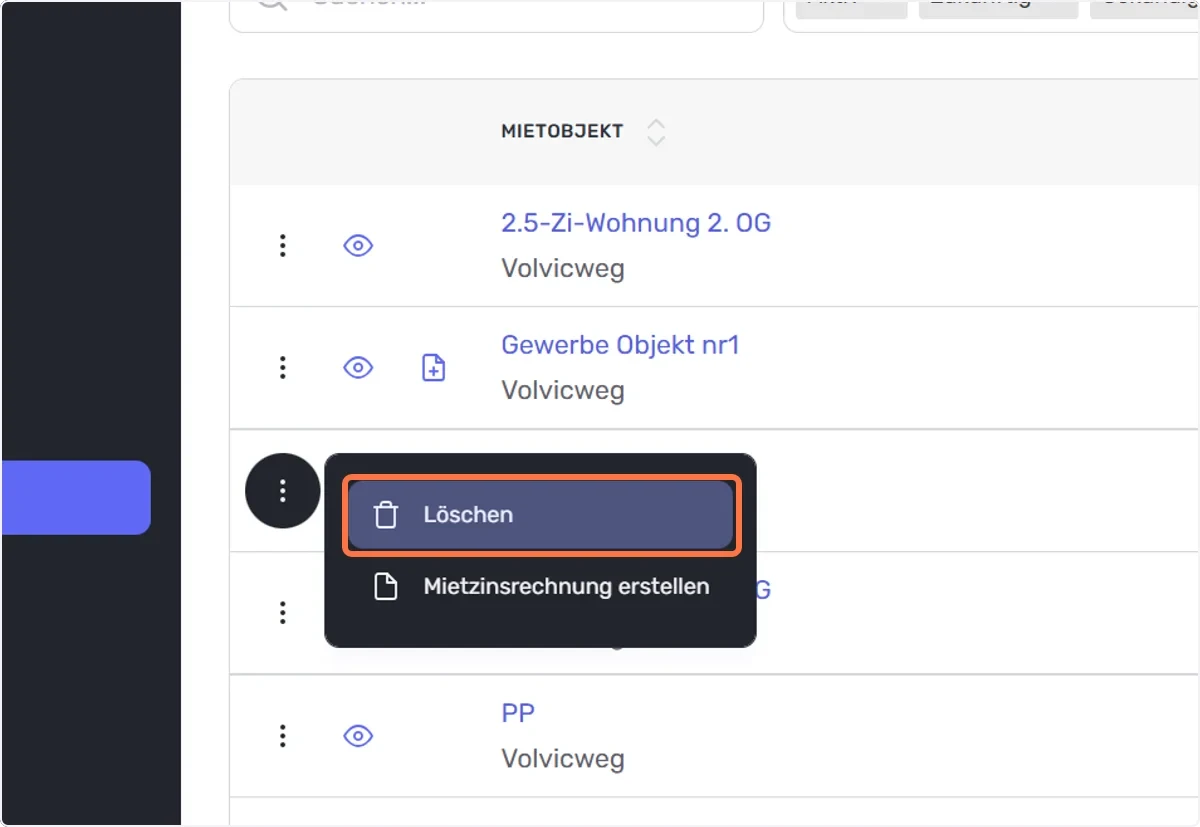Suchen Sie den zu löschenden Vertrag