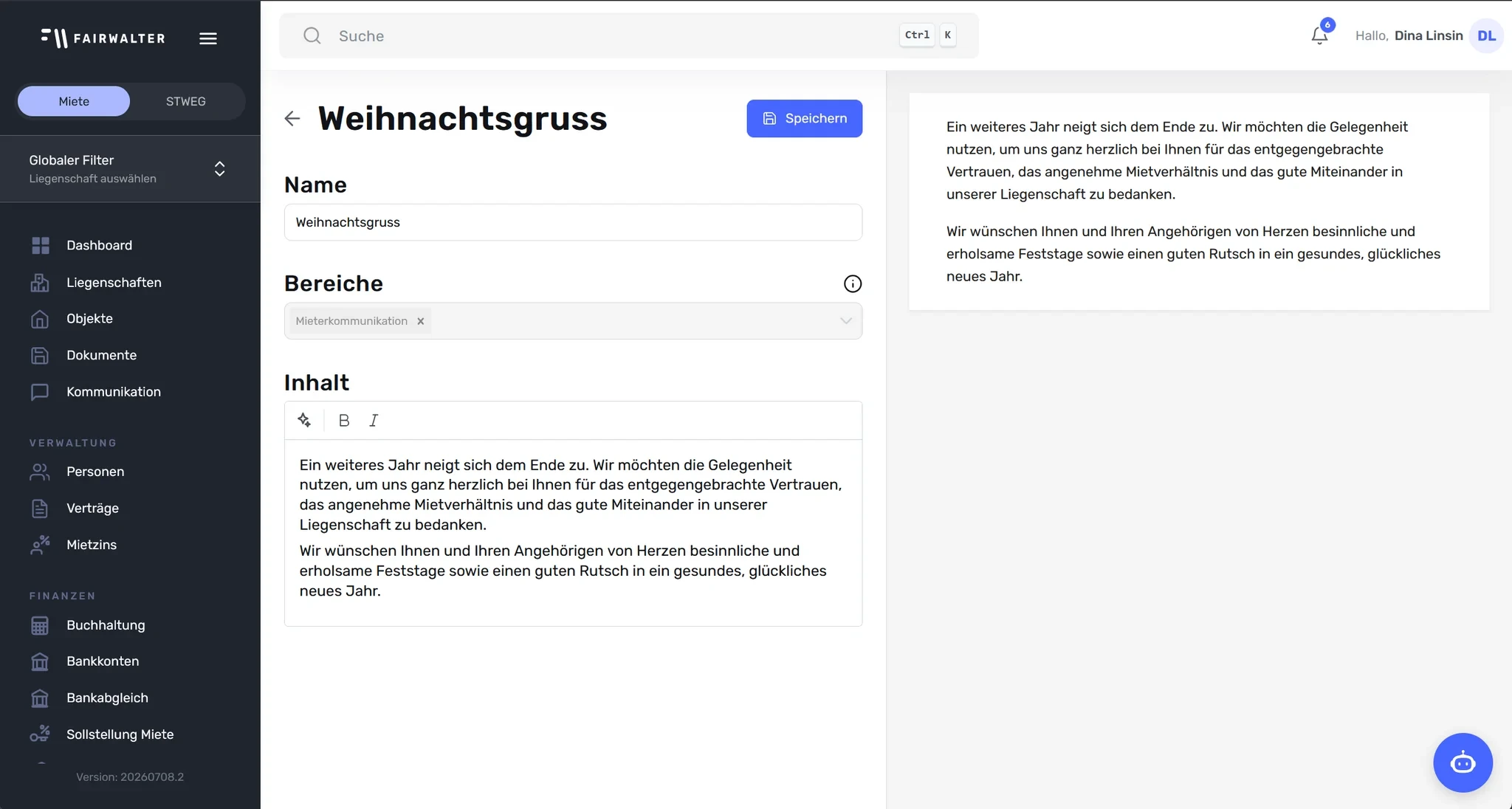 Textbaustein bearbeiten mit Feldern «Name», «Bereiche» und «Inhalt», rechts die Vorschau