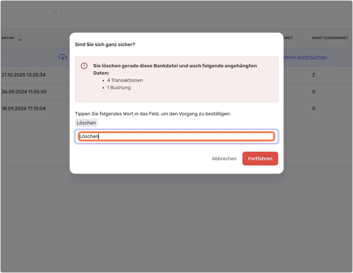 Tippen Sie das Wort “Löschen” ein