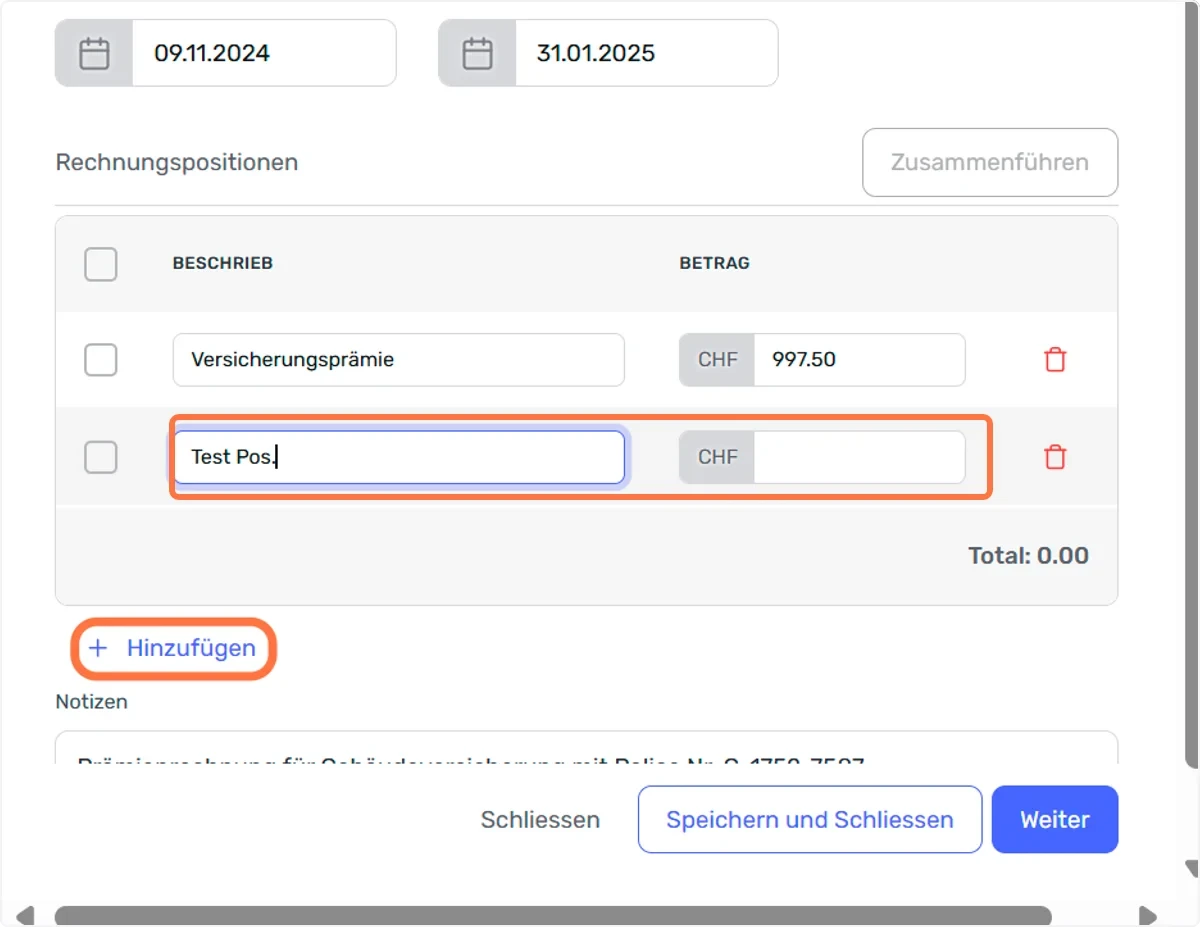 Rechnungspositionen mit neuer Position «Test Pos.» und markiertem Button «+ Hinzufügen»