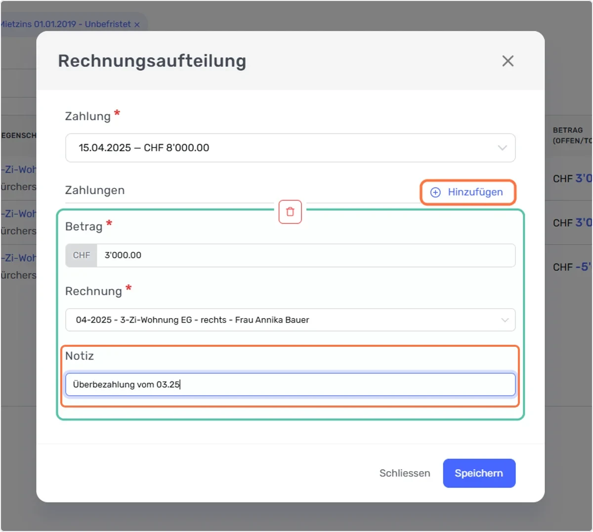 Dialog «Rechnungsaufteilung» mit zusätzlicher Zahlung, Notiz «Überbezahlung vom 03.25» und markiertem Button «Hinzufügen»