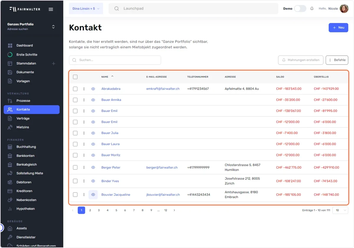 Übersicht aller Kontakte