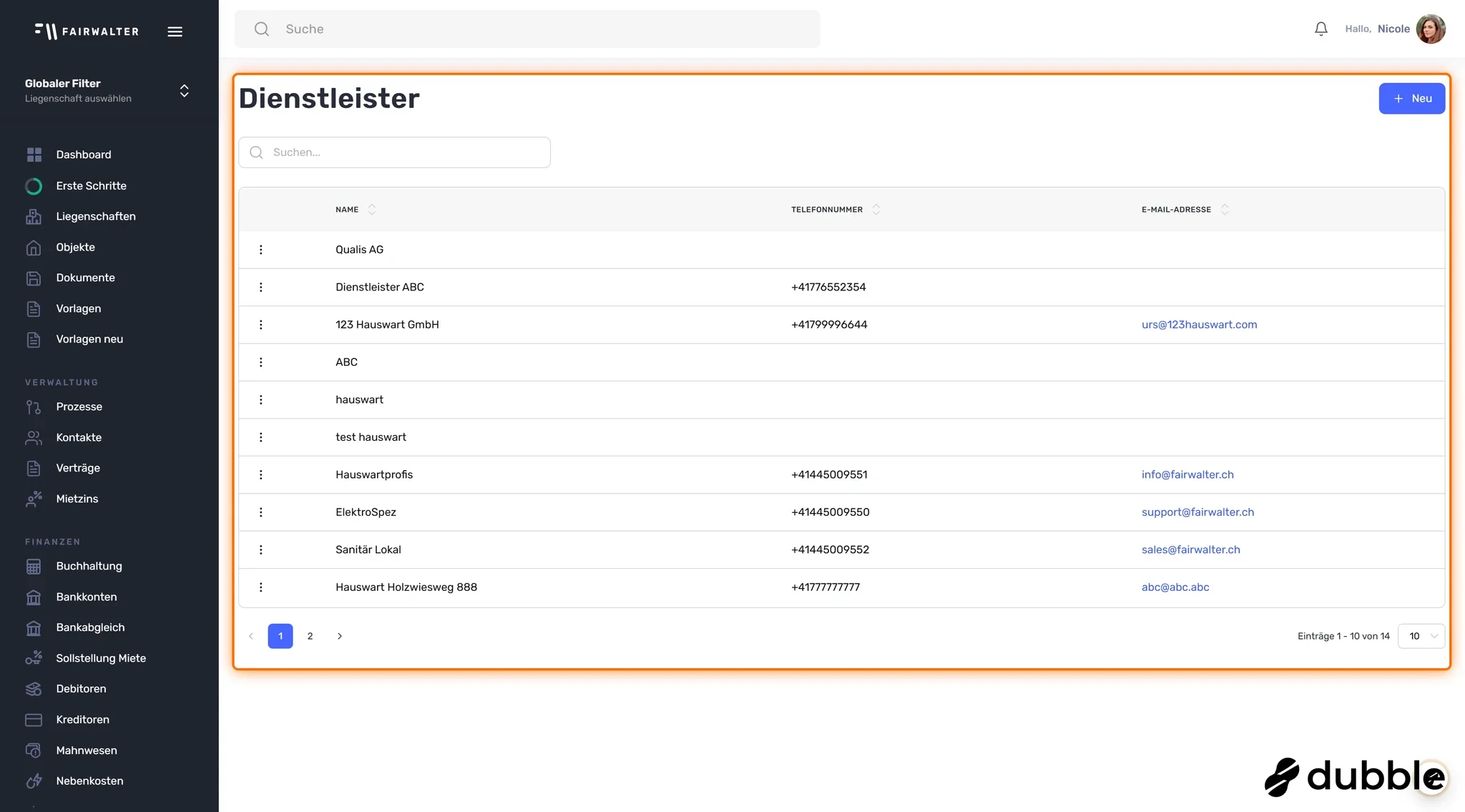 Übersicht «Dienstleister» mit Liste aller Dienstleister, Telefonnummer und E-Mail-Adresse