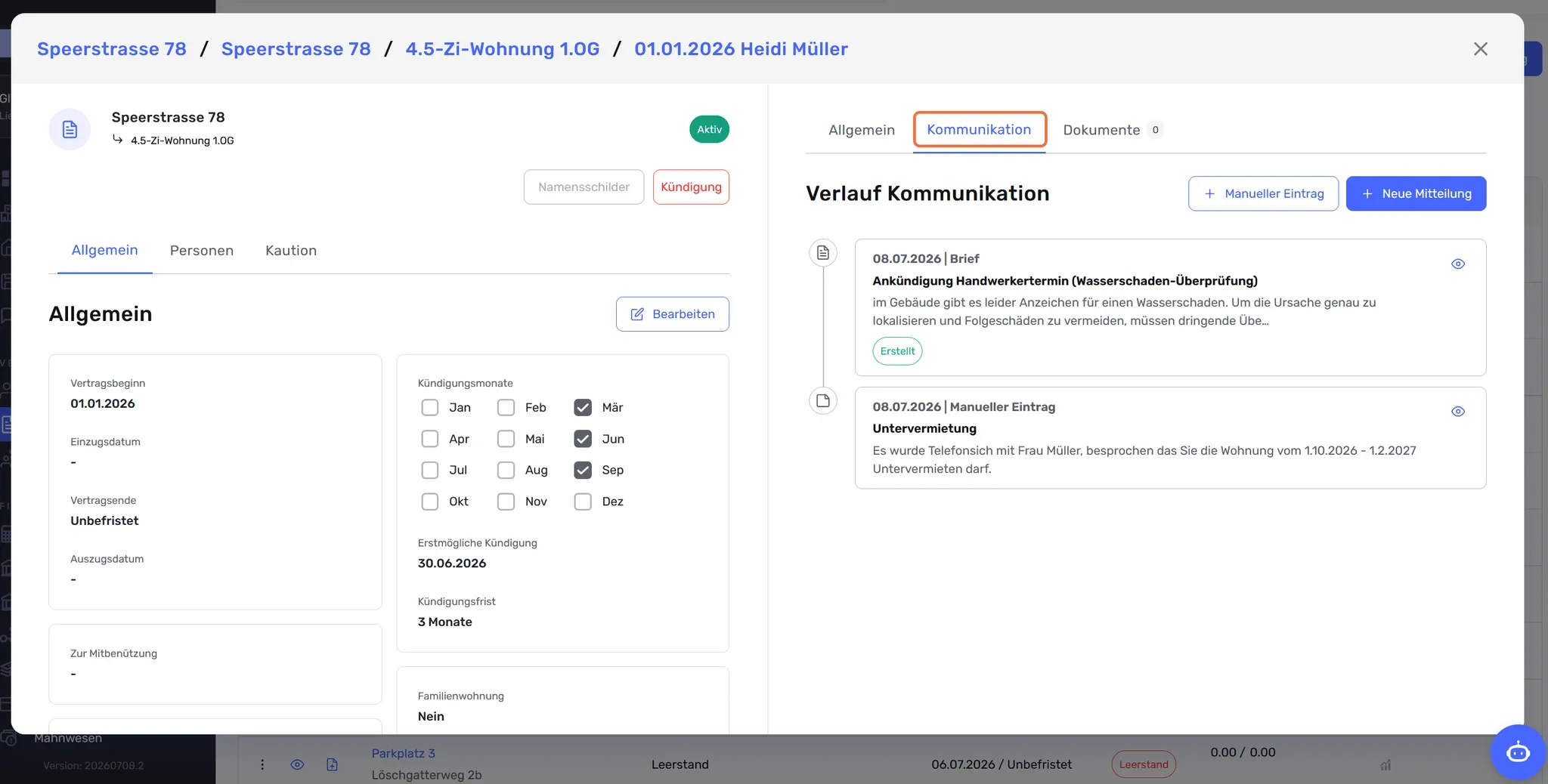 Vertrag mit markiertem Reiter «Kommunikation»: Verlauf mit versendetem Brief und manuellem Eintrag