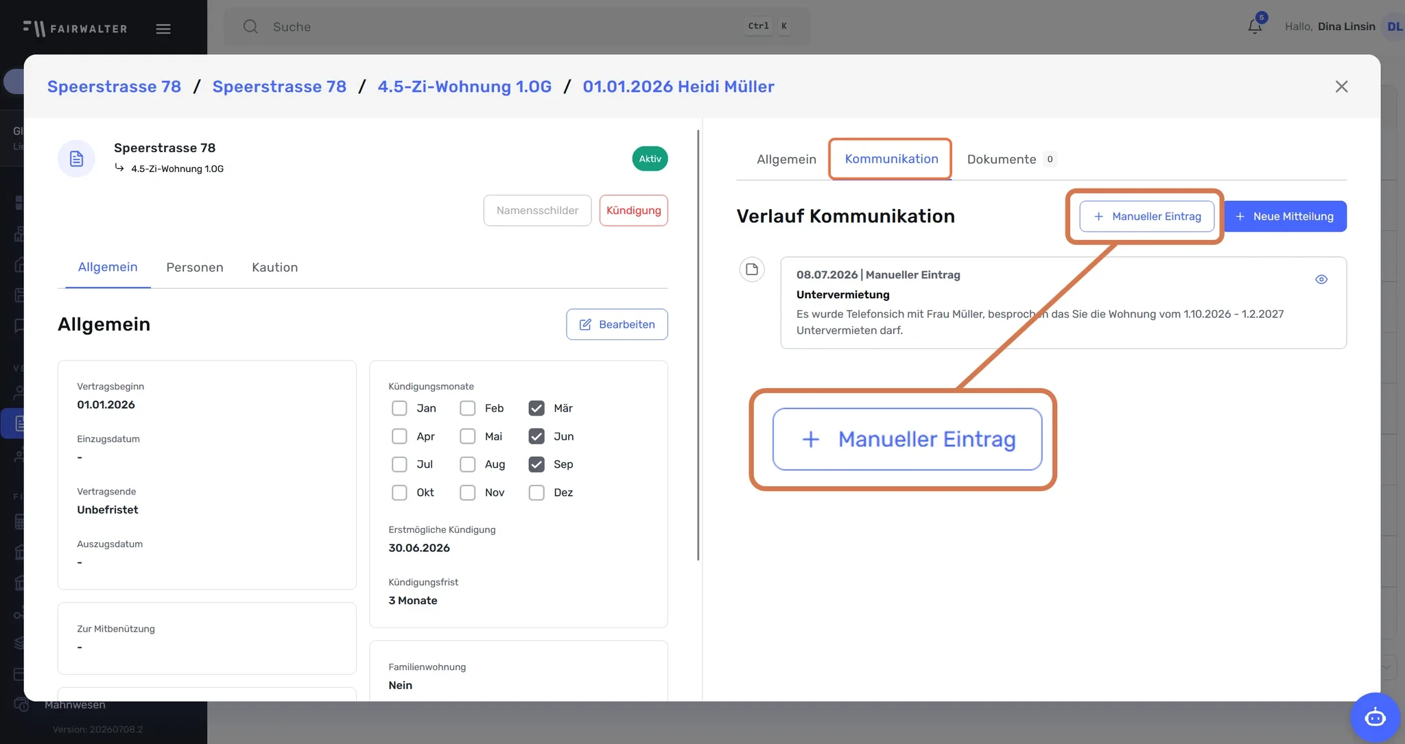 Vertrag, Reiter «Kommunikation» mit hervorgehobenem Button «Manueller Eintrag»