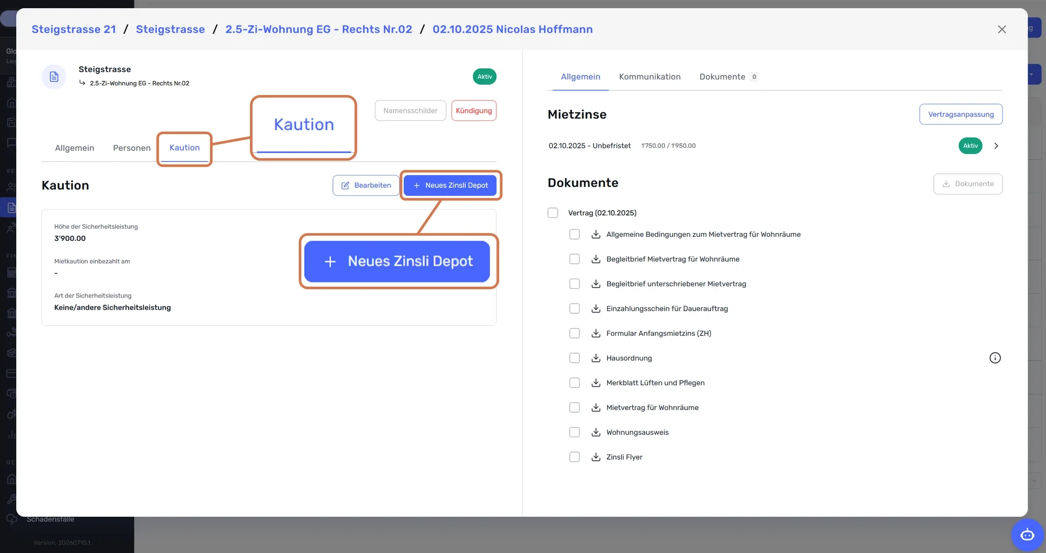 Vertragsdetail mit markiertem Reiter «Kaution» und Button «Neues Zinsli Depot»