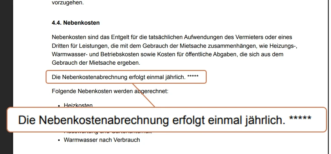 Vertragsdokument, Abschnitt «4.4. Nebenkosten» mit markiertem Satz zur jährlichen Abrechnung