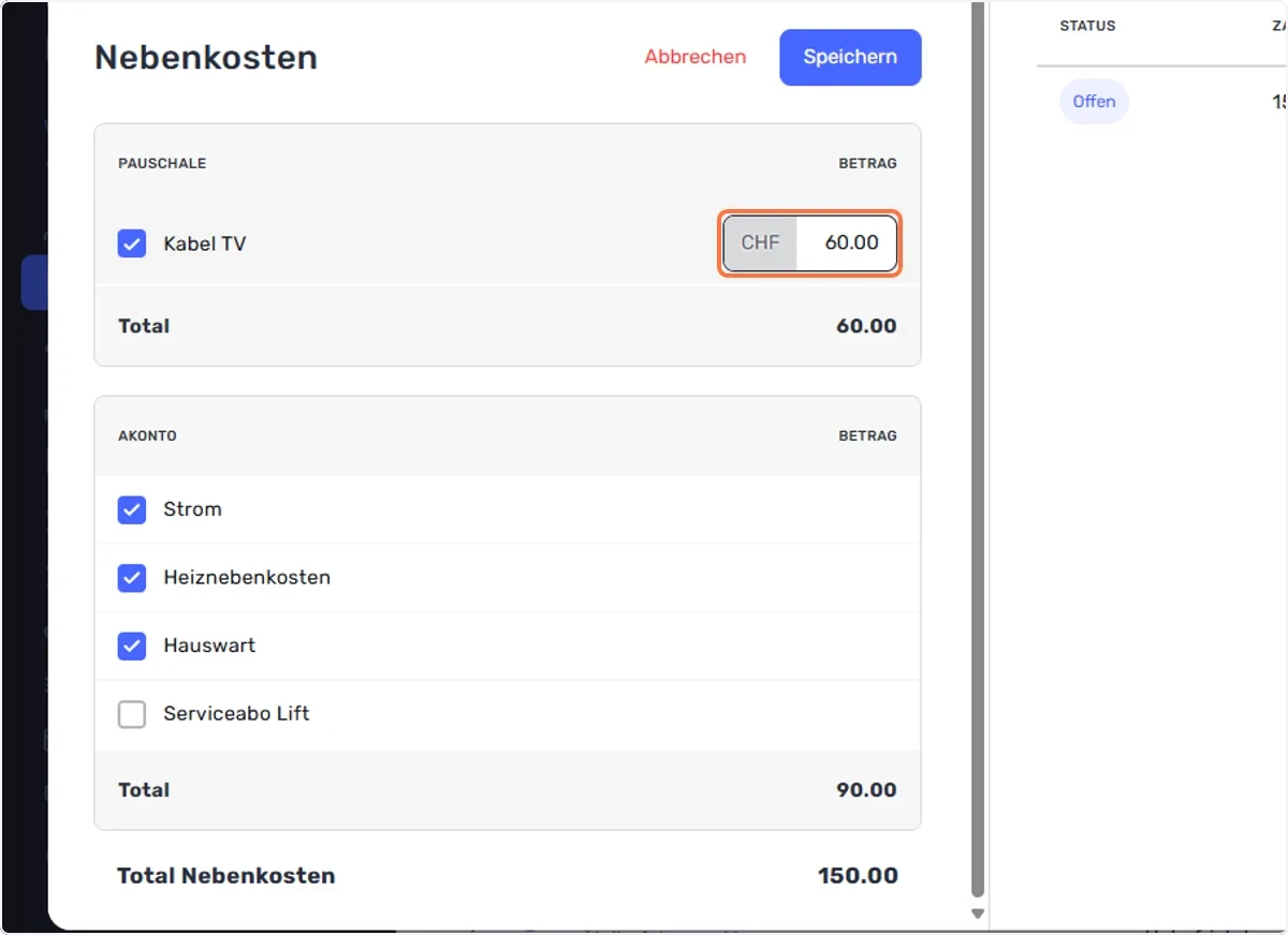 Wählen Sie alle erforderlichen Nebenkostenkonten aus, die Sie mit dem Vertrag verknüpfen möchten