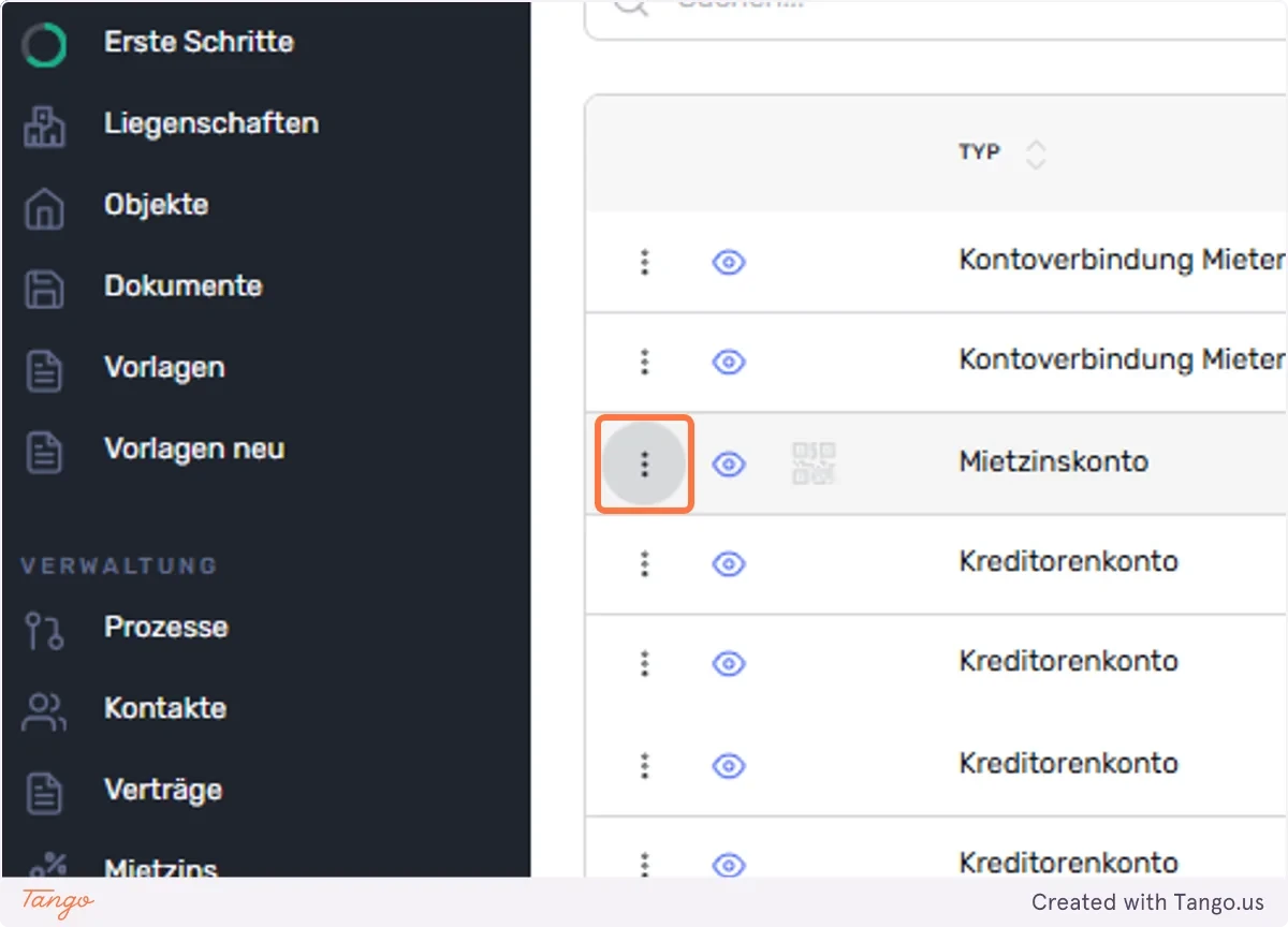 Wählen Sie beim veralteten Bankkonto das 3 Punkte Menu