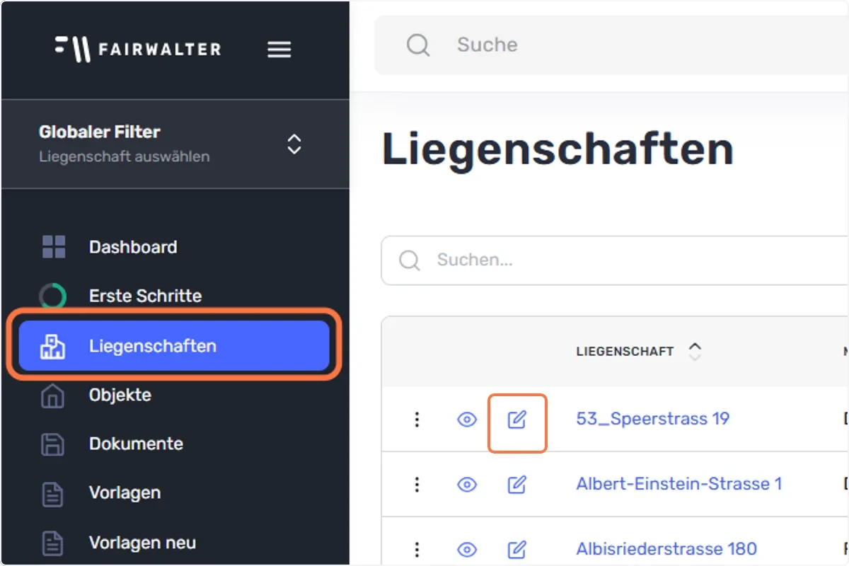 Wählen Sie im linken Menü den Reiter “Liegenschaften” und klicken Sie bei der zu passenden Liegenschaft auf den “Bearbeiten”-Button