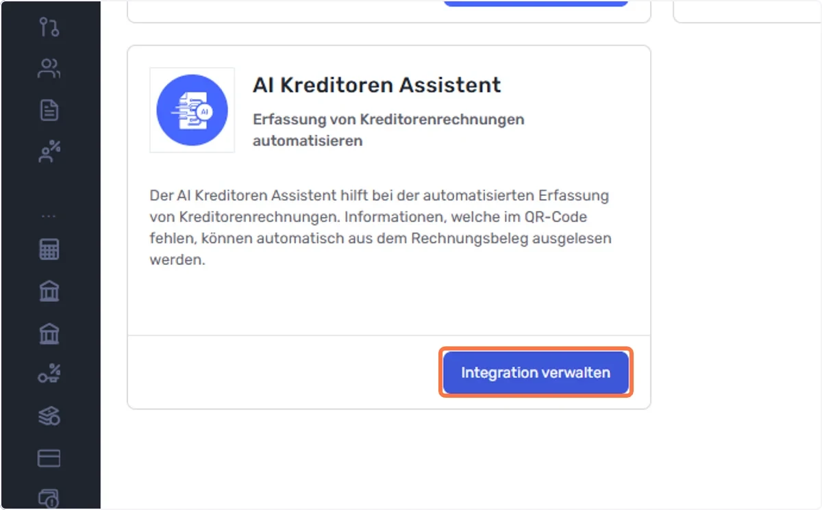 Wählen Sie nun AI Kreditoren Assistent aus und gehen Sie auf Integration verwalten