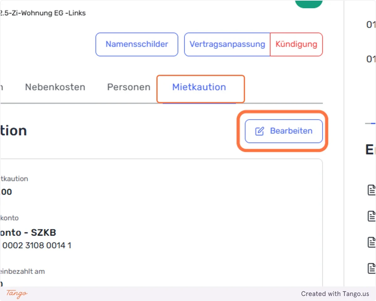 Wählen Sie nun den Reiter Mietkaution an und klicken Sie auf bearbeiten