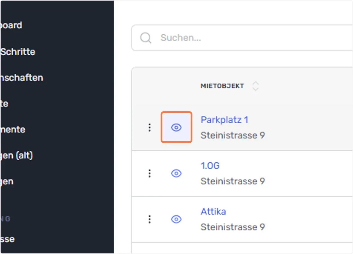 Wählen Sie nun den Vertrag aus, der als Nebenvertrag verknüpft werden soll, und klicken Sie auf das “Auge”
