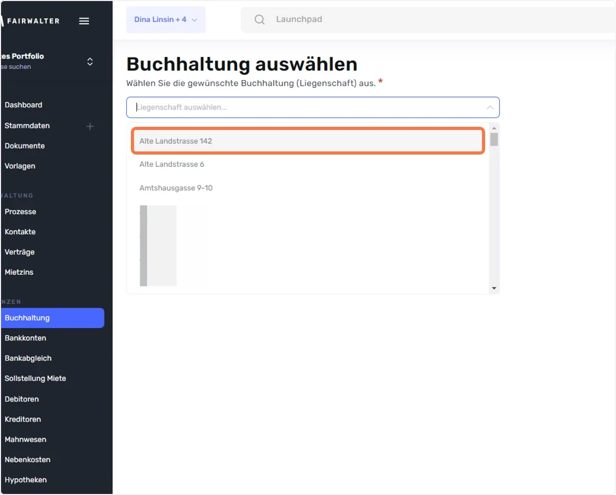 Wählen Sie nun die gewünschte Liegenschaft aus und klicken Sie auf <<weiter>>