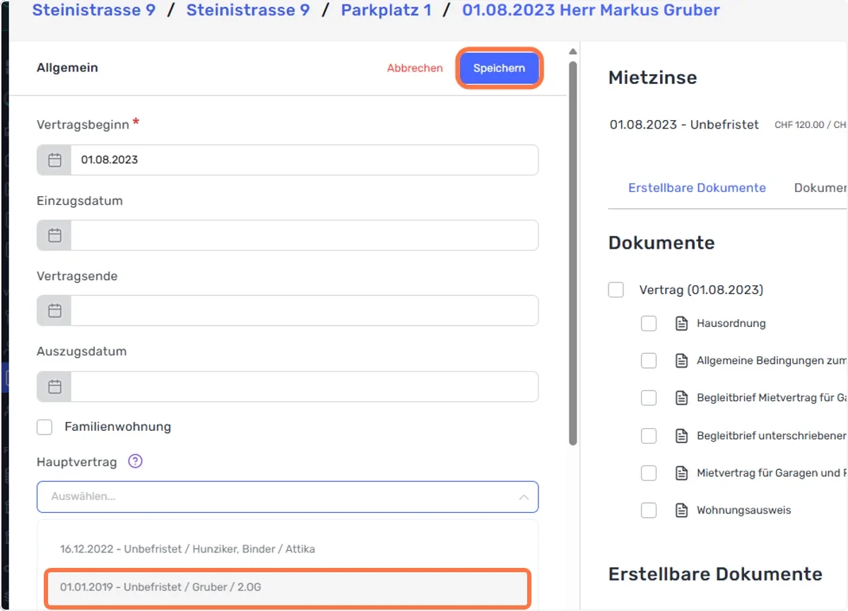 Wählen Sie nun im Dropdown-Menü den passenden Hauptvertrag aus und “Speichern” Sie die Anpassung.