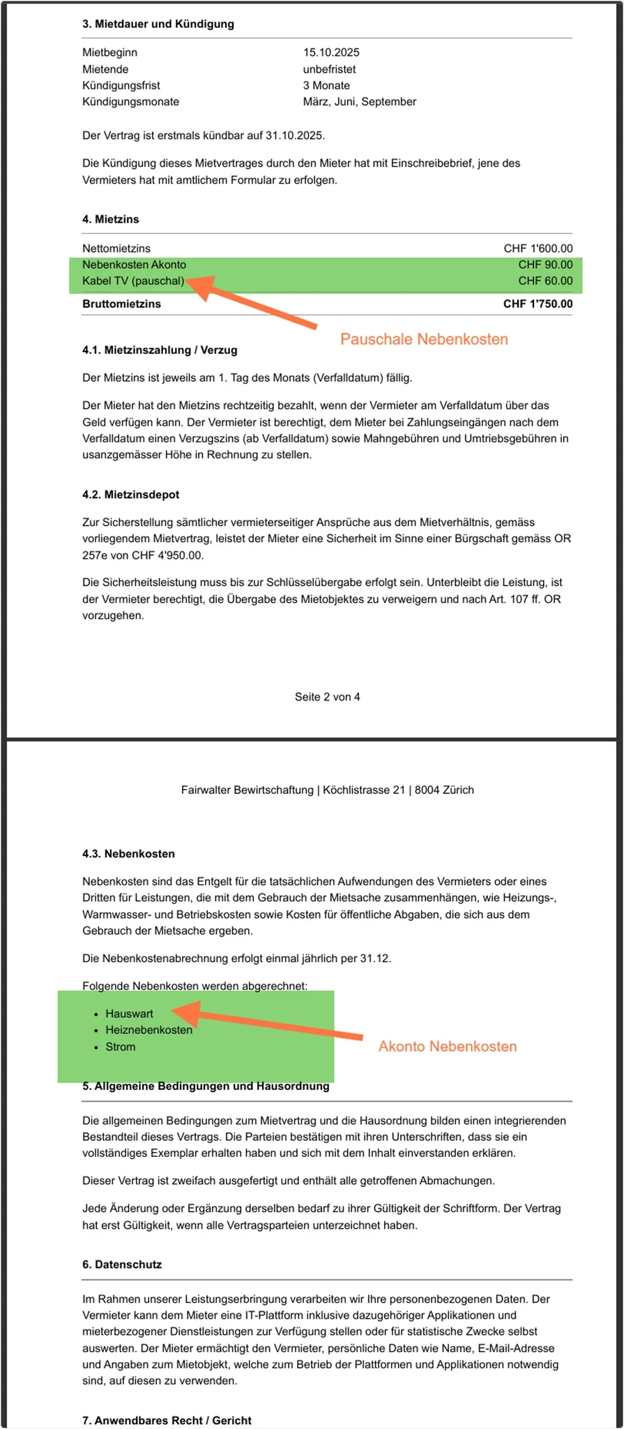 Wo im Vertrag werden die Nebenkostenkonten ersichtlich sein