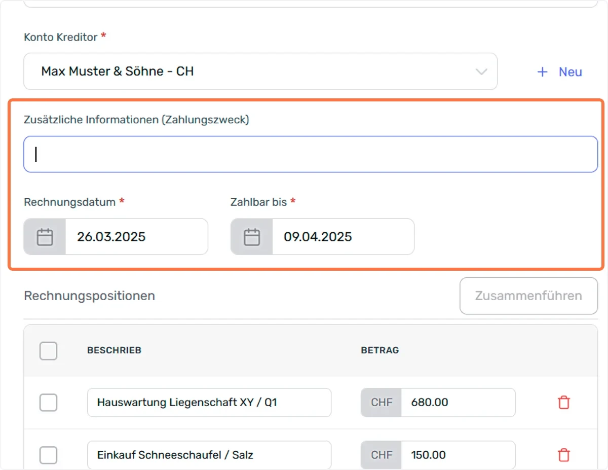 Zahlungszweck oder QRR / Rechnungsdatum